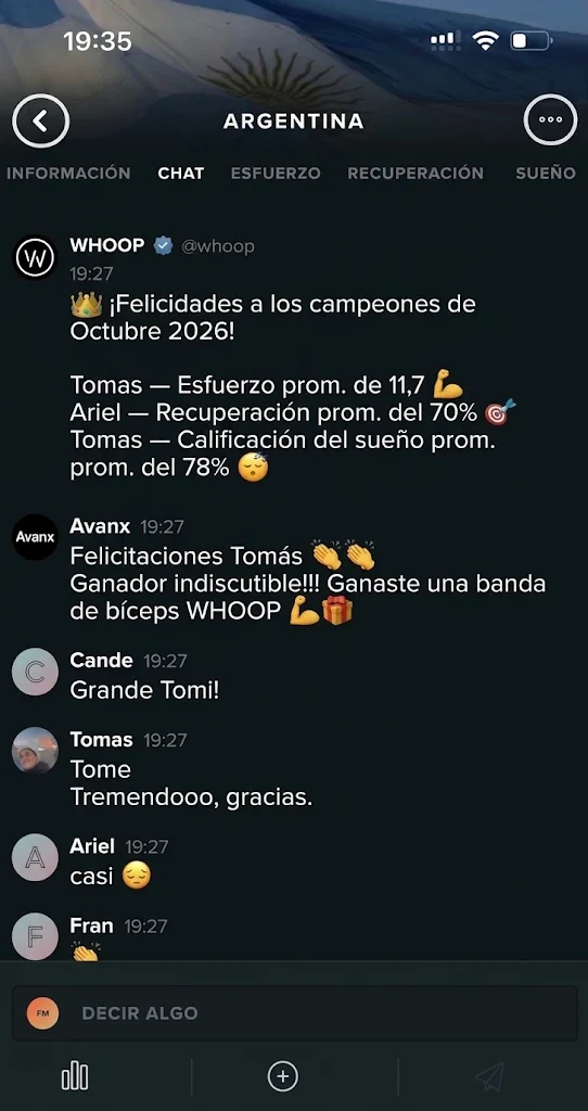 Chat del equipo Argentina en la app de WHOOP