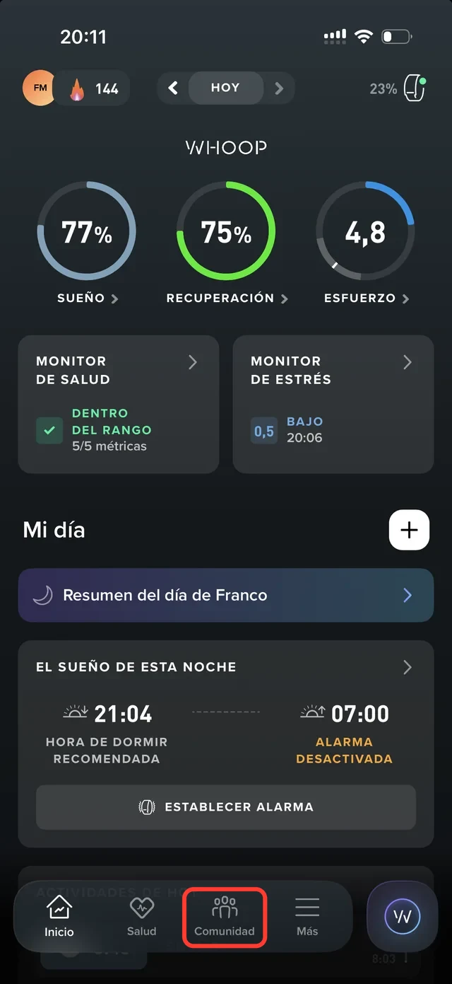 Paso 1 en la app de WHOOP
