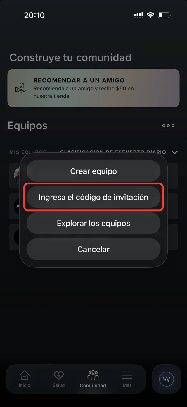 Paso 3 en la app de WHOOP